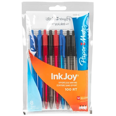 Papermate InkJoy 100 Retractable Business Pens - Assorted - 8 Pack
