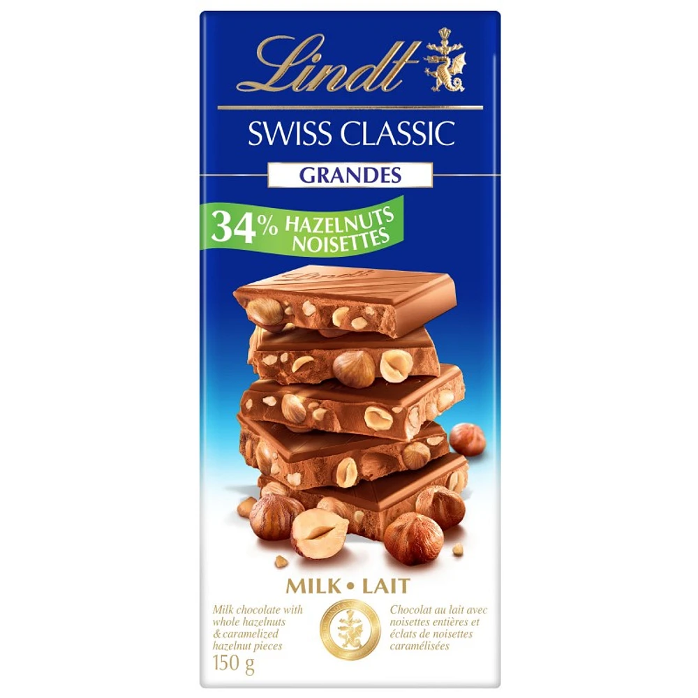 Lindt Swiss Classic Grandes Milk Chocolate Bar - 34% Hazelnuts - 150g