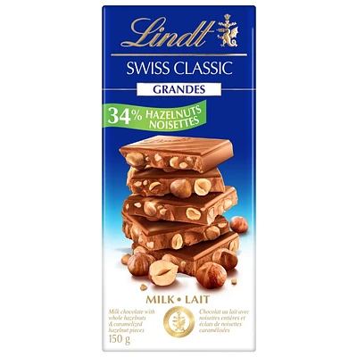 Lindt Swiss Classic Grandes Milk Chocolate Bar - 34% Hazelnuts - 150g