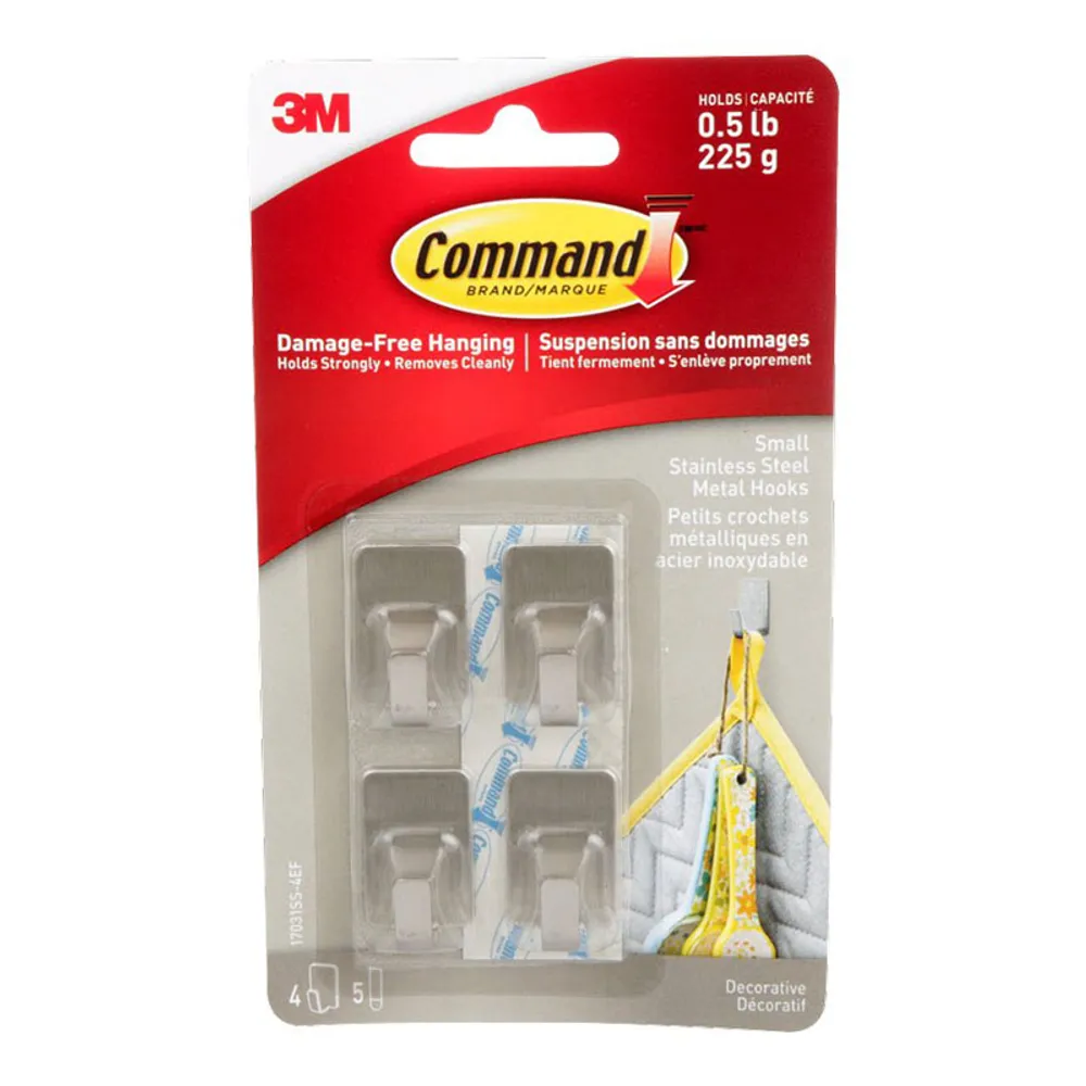 3M Command Self-Adhesive Hook - Stainless Steel - 4pack/Small -17031SS-4EF