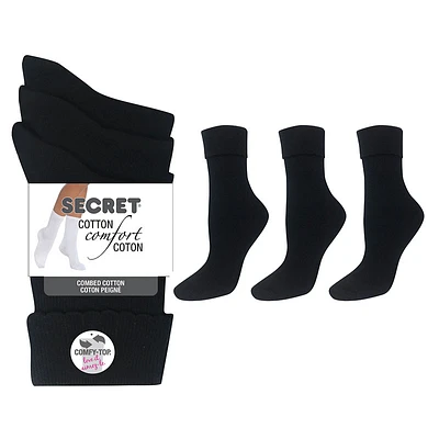 Secret Cotton Comfort Fashion Socks Rib/Cuff Socks - Black - 3 pair