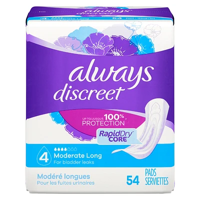 Always Discreet Incontinence Pads - Long - Moderate - 54's