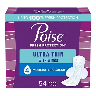 Poise Ultra Thin Regular Length Incontinence & Postpartum Pads With Wings - Medium Absorbency - 54 Count