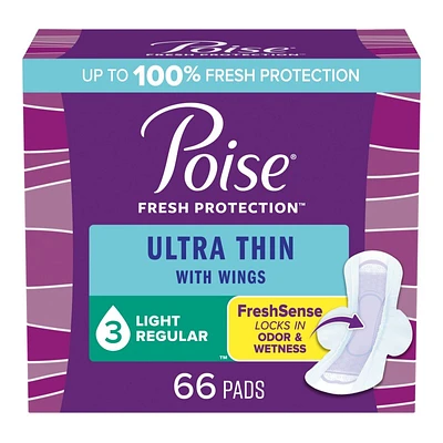 Poise Ultra Thin Regular Length Incontinence & Postpartum Pads With Wings - Light Absorbency - 66 Count