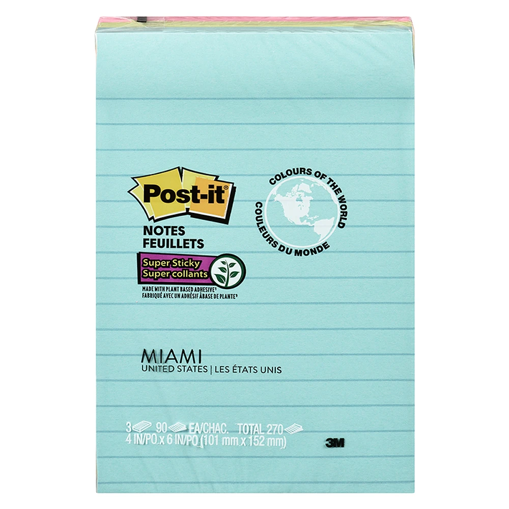 3M Post-it Notes - Miami - 4 in. x 6 in. - 3 x 90 sheets