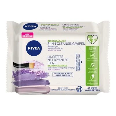 NIVEA Three-In-One Biodegradable Cleansing Wipes - Fragrance-Free - 40's