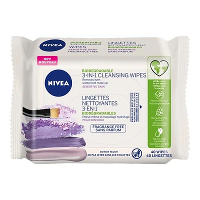 NIVEA Three-In-One Biodegradable Cleansing Wipes - Fragrance-Free - 40's