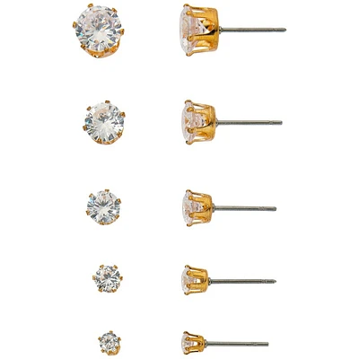 Primavera Brilliant Cut Cubic Zirconia Stud Earring Set - Gold - 5 Pairs