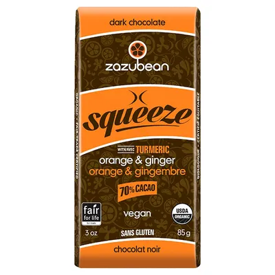 Zazubean Squeeze Dark Chocolate Bar - Orange/Ginger - 85 g