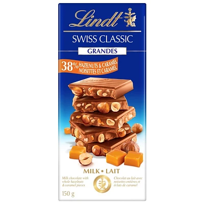 Lindt Swiss Classic Grandes Milk Chocolate Bar - 38% Hazelnut & Caramel - 150g