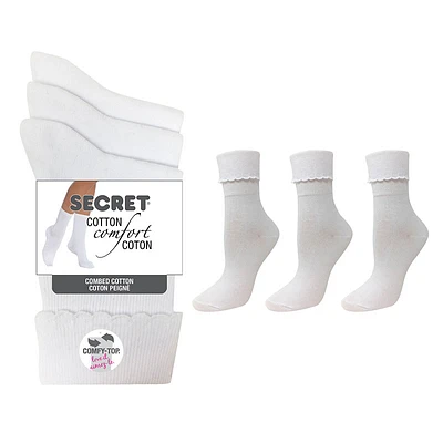 Secret Ladies Cotton/Lycra Cuff Socks - White - 3 pairs