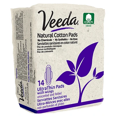 Veeda Natural Cotton  Pads- Ultra Thin with Wings - 14s