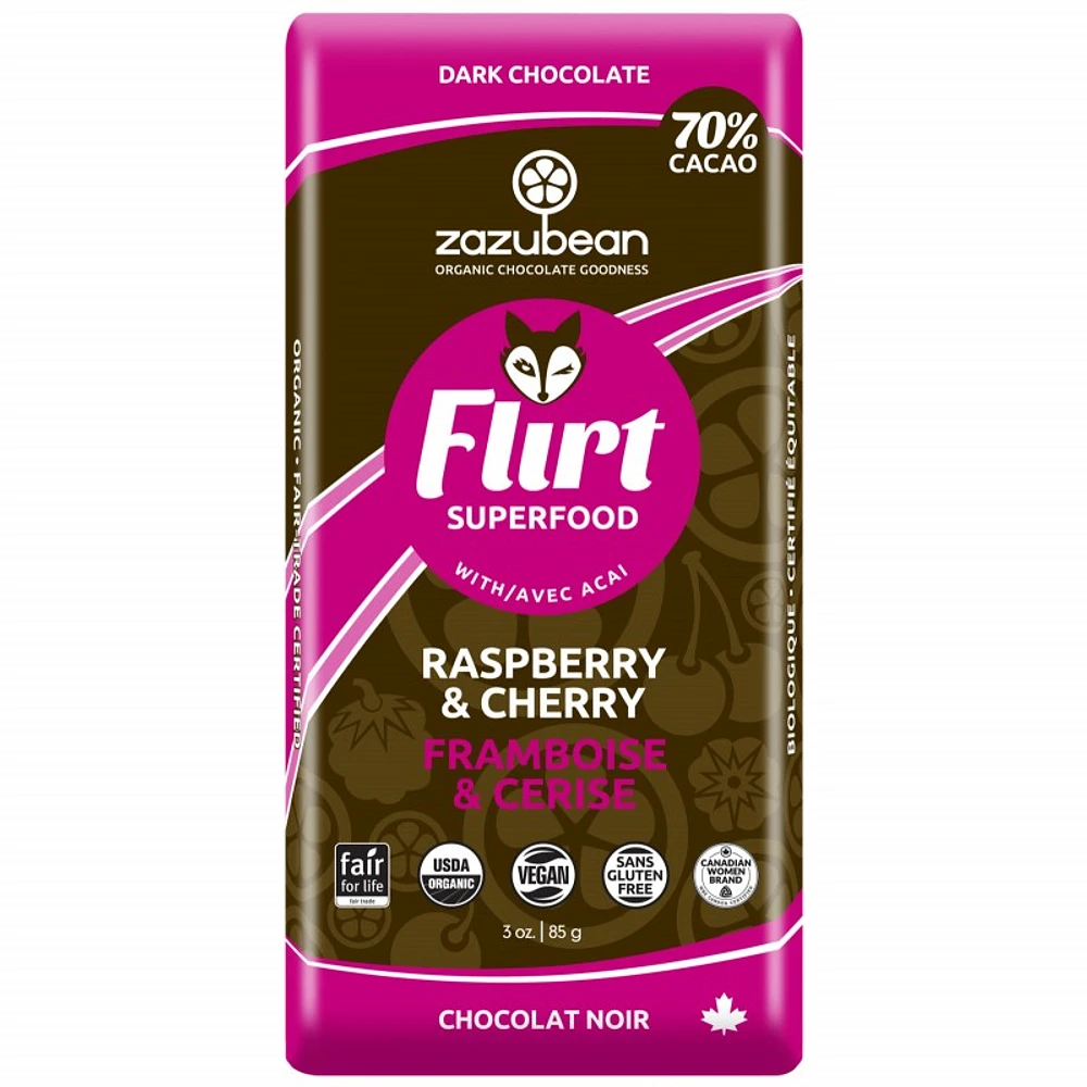 Zazubean Flirt Raspberry and Cherry Dark Chocolate - 85g