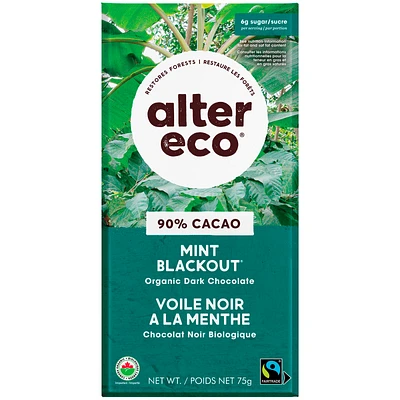 Alter Eco Dark Organic Chocolate - 90% Cacao - Mint Blackout - 75g