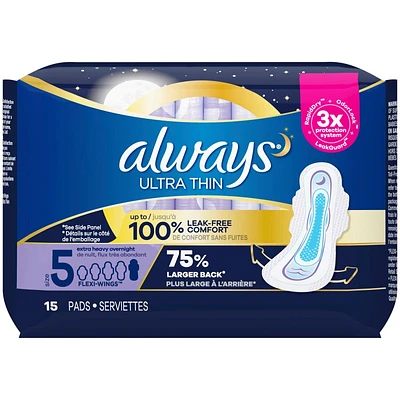 Always Ultra Thin Extra Heavy Overnight Pads - Size 5 - 15's