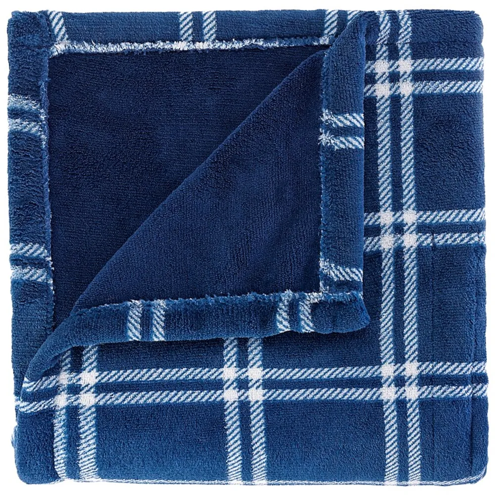 Sunbeam Heated Throw Microplush Blanket - Tartan Navy | Coquitlam Centre