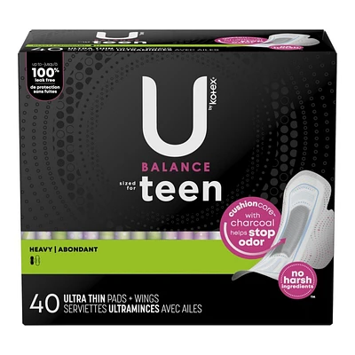 U by Kotex Balance Teen Sanitary Pads - Heavy - 40 Count