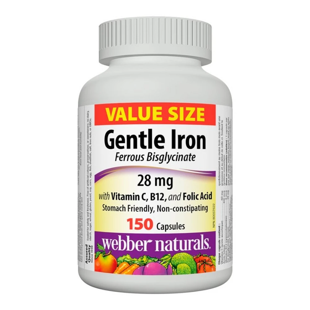 Webber Naturals Value Size Gentle Iron Ferrous Bisglycinate with Vitamin C, B12 and Folic Acid Capsules - 150s