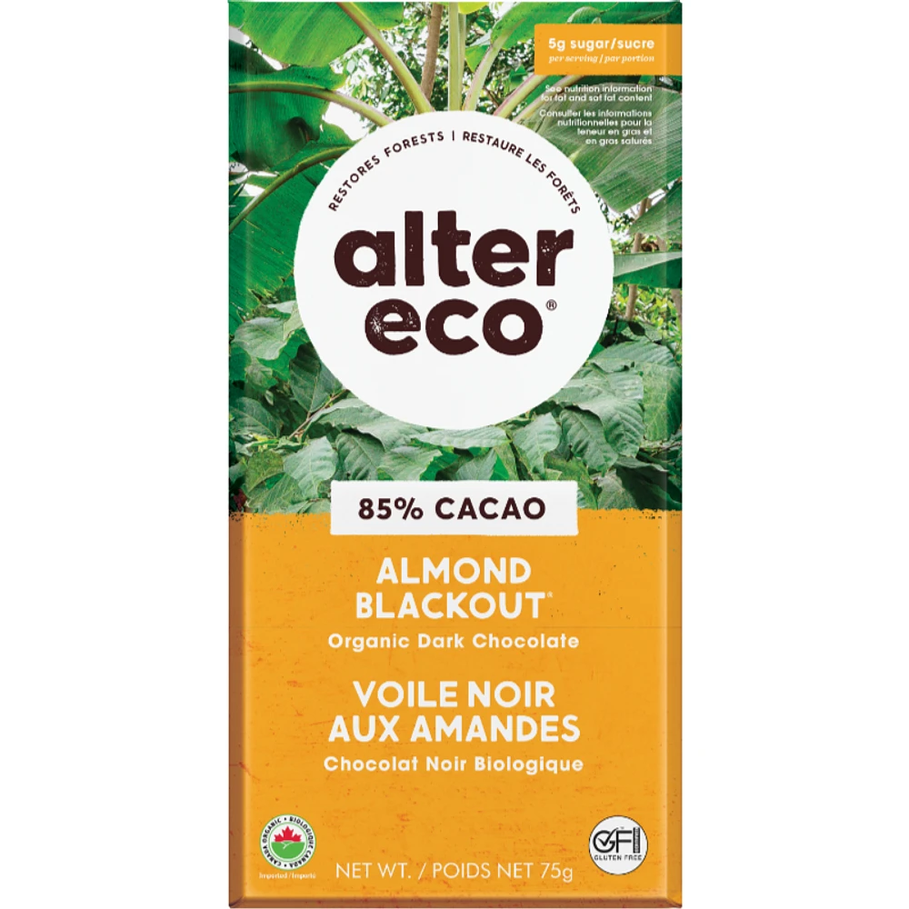 Alter Eco Almond Blackout 85% Pure Organic Dark Chocolate Bar - 75g