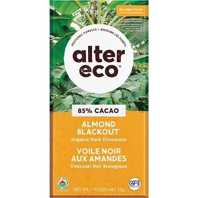 Alter Eco Almond Blackout 85% Pure Organic Dark Chocolate Bar - 75g