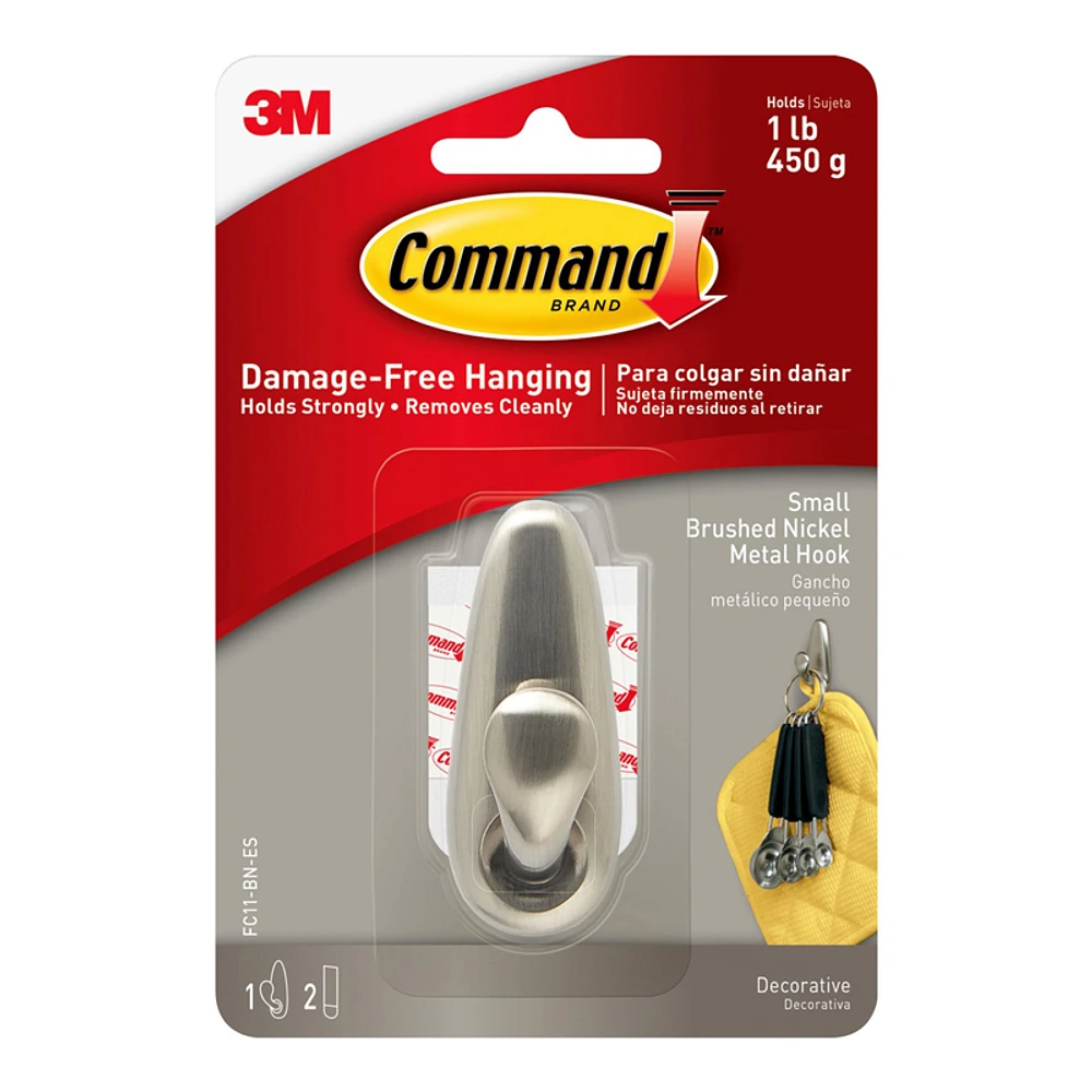 3M Command Self-Adhesive Hook - Brushed Nickel - Large - 17037MBN-EF