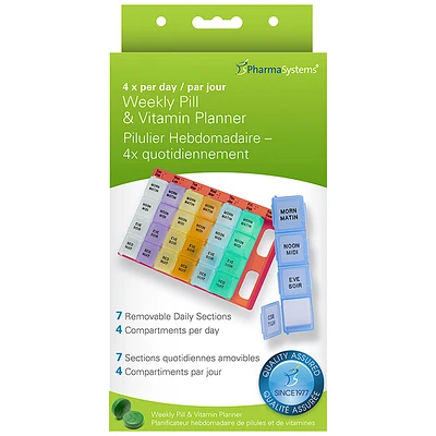 PharmaSystems Weekly Pill Planner with 4 times daily removable sections