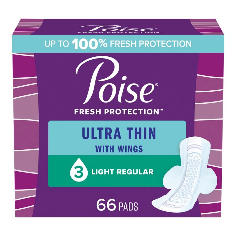 Poise Ultra Thin Regular Length Incontinence & Postpartum Pads With Wings - Light Absorbency - 66 Count