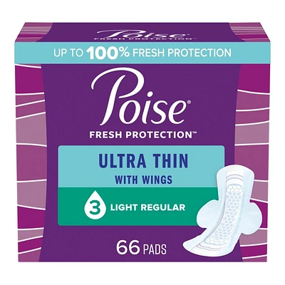 Poise Ultra Thin Regular Length Incontinence & Postpartum Pads With Wings - Light Absorbency - 66 Count
