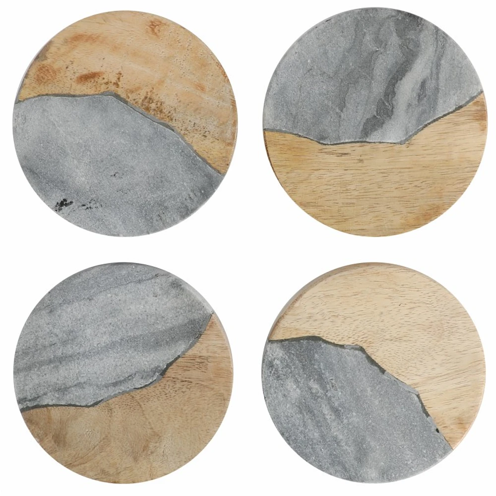 Laurie Gates Round Marble Coasters - Grey/Mango Wood - 4 Inch