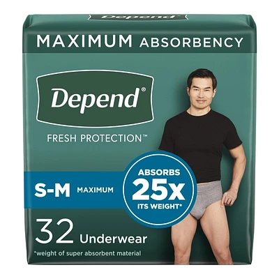 Depend Fresh Protection Incontinence Underwear for Men - Maximum Absorbency - Small/Medium - 32 Count