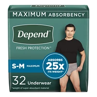 Depend Fresh Protection Incontinence Underwear for Men - Maximum Absorbency - Small/Medium - 32 Count