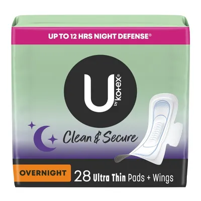 U by Kotex Clean & Secure Ultra Thin Pads with Wings - Overnight - 28 Count