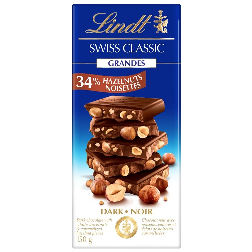 Lindt Swiss Classic Grandes Dark Chocolate Bar - 34% Hazelnuts - 150g