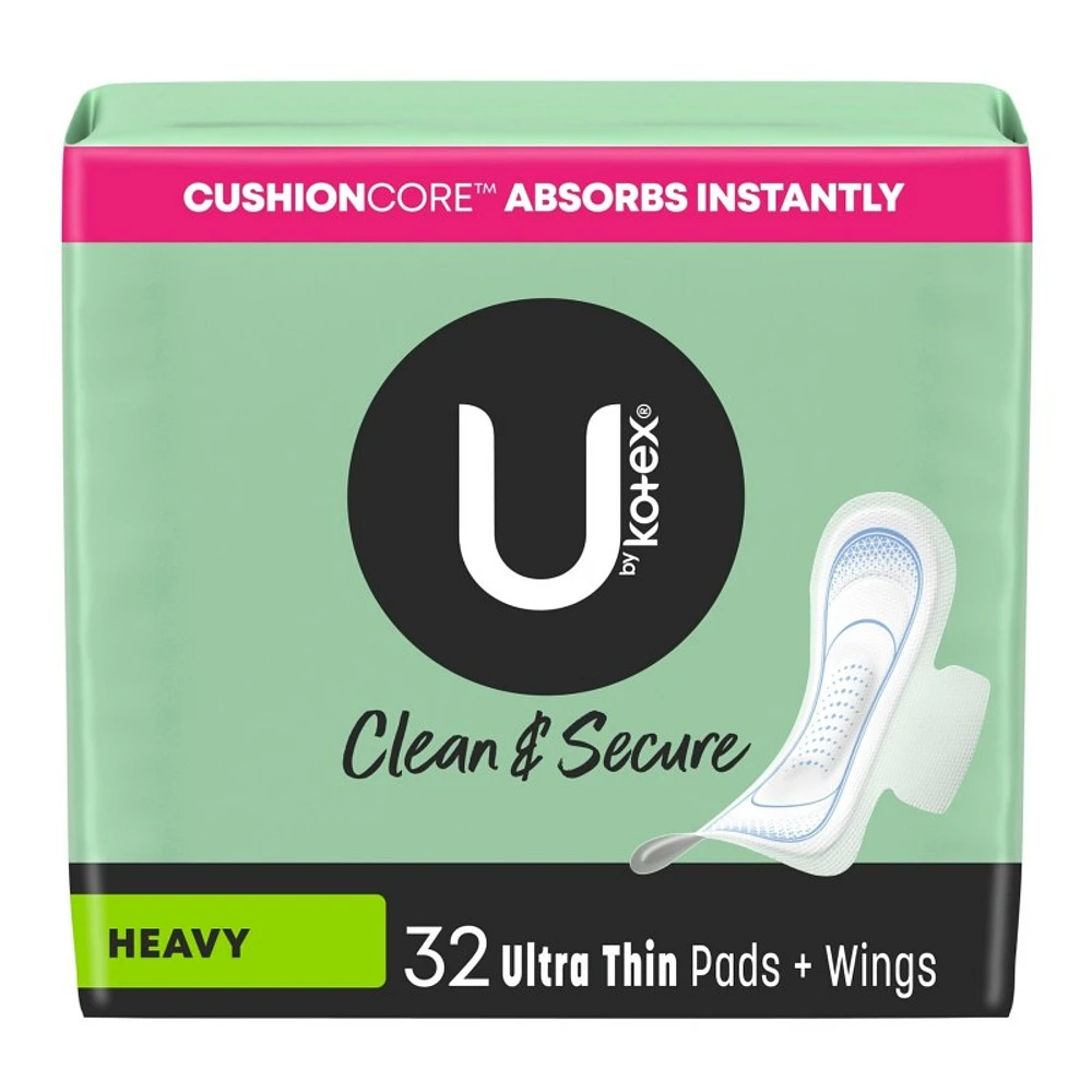 U by Kotex Clean & Secure Ultra Thin Pads with Wings - Heavy Absorbency - 32 Count