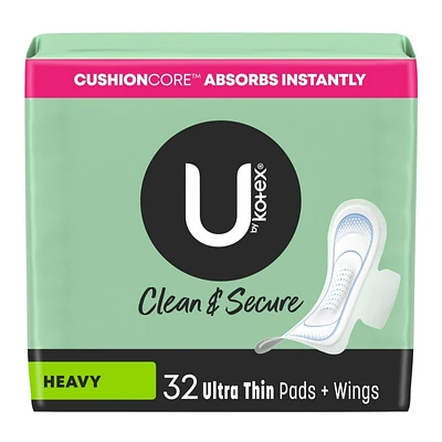 U by Kotex Clean & Secure Ultra Thin Pads with Wings - Heavy Absorbency - 32 Count