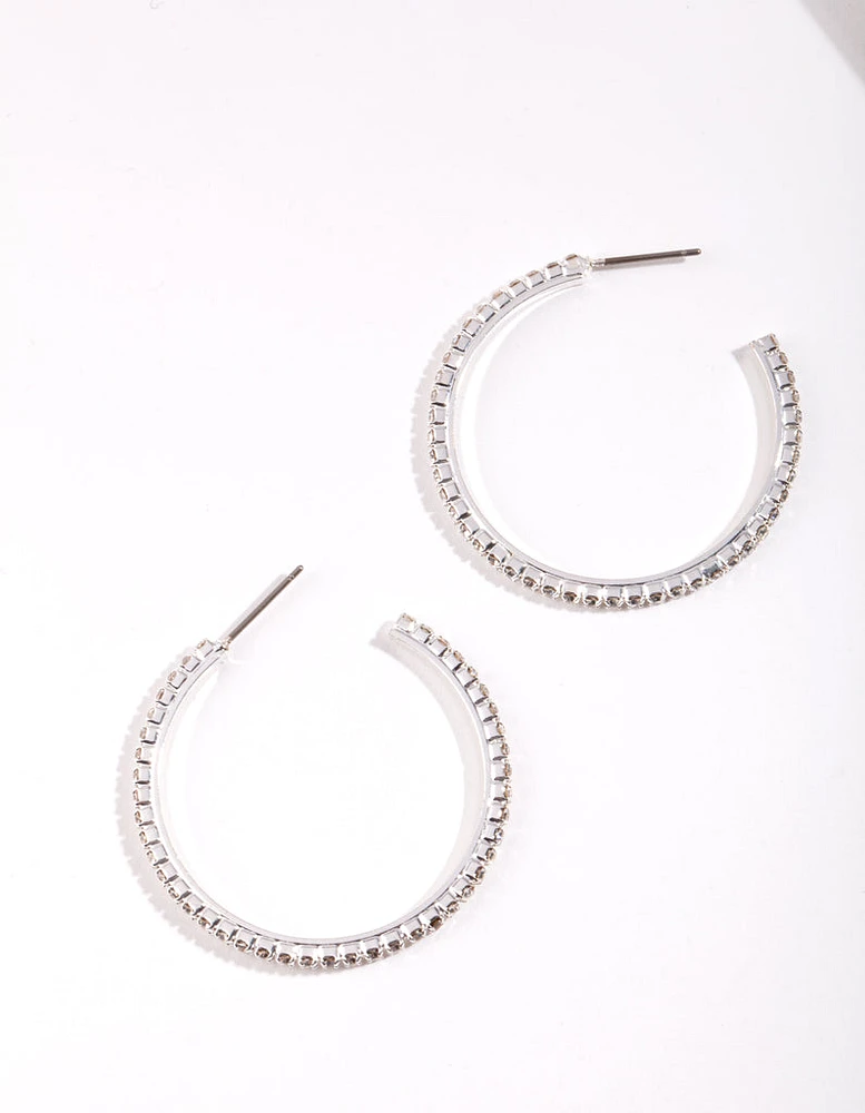 Silver Medium Diamante Hoop Earrings