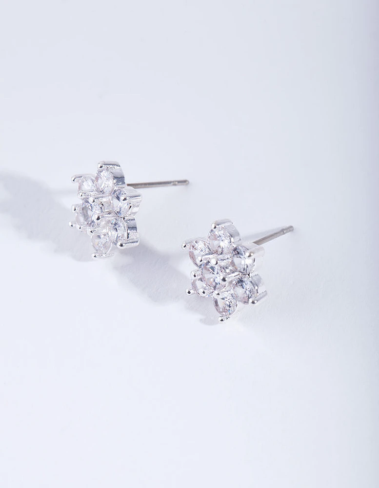 Silver Cubic ZIrconia Flower Earrings