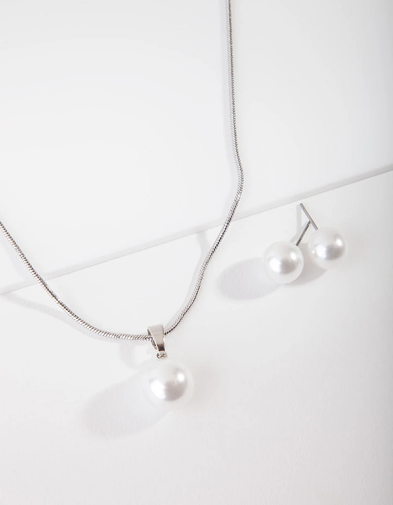 Silver Large Pearl Stud Necklace Earrings Set