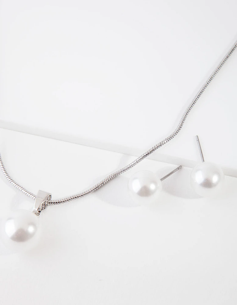 Silver Large Pearl Stud Necklace Earrings Set