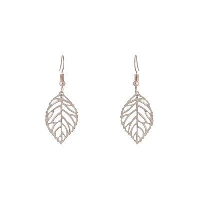 Silver Single Leaf Filigree Drop Earrings