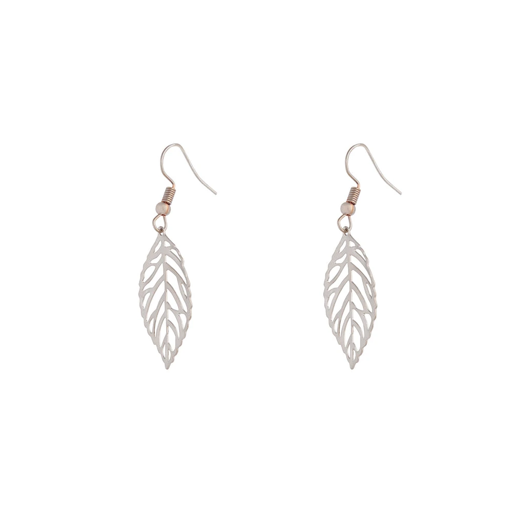 Silver Single Leaf Filigree Drop Earrings