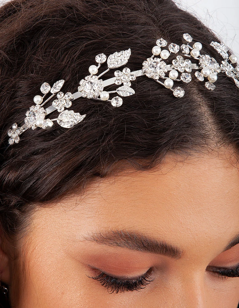 Silver Fine Floral Pearl Headband