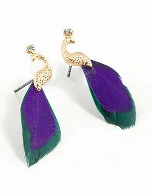 Blue Green Feather Mini Peacock Earrings