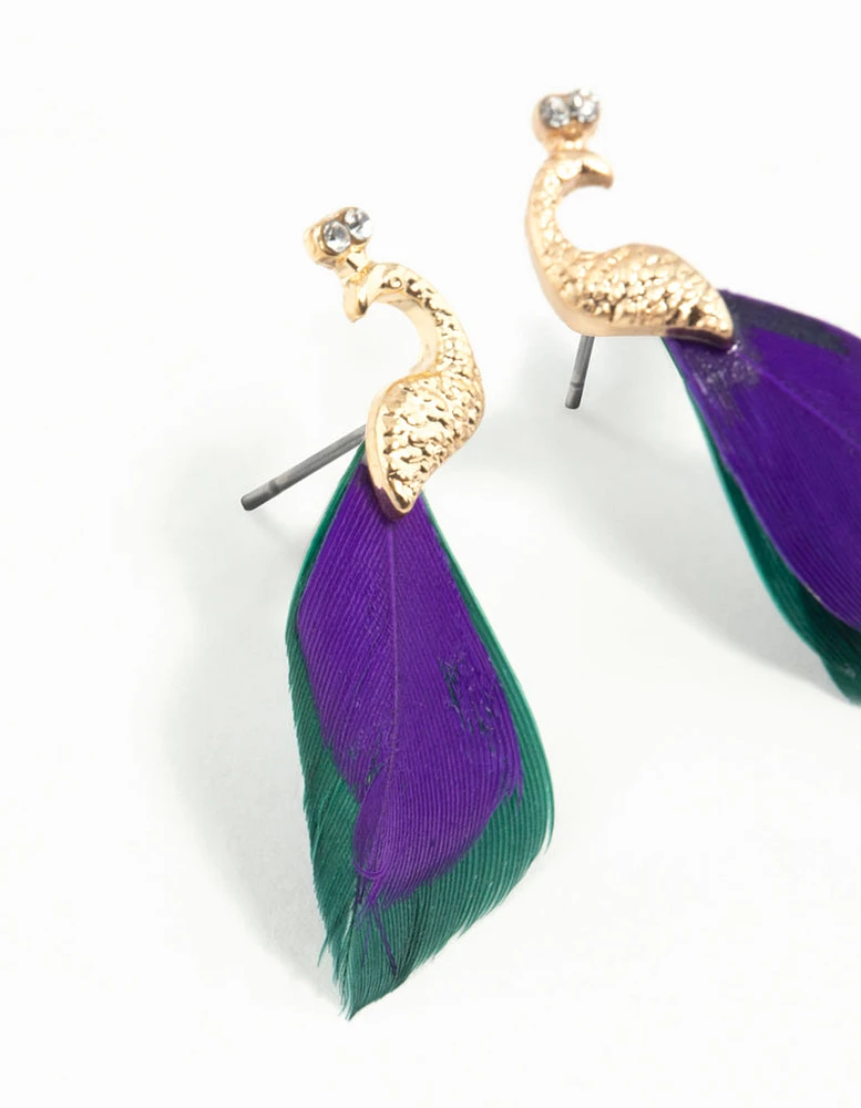 Blue Green Feather Mini Peacock Earrings