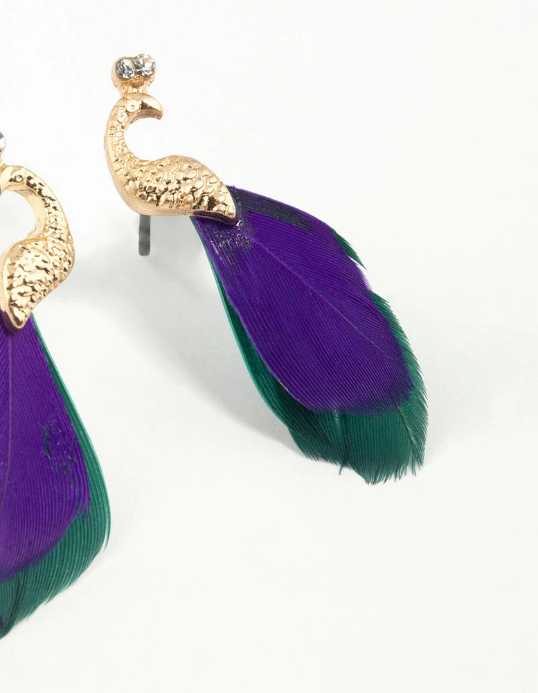 Blue Green Feather Mini Peacock Earrings