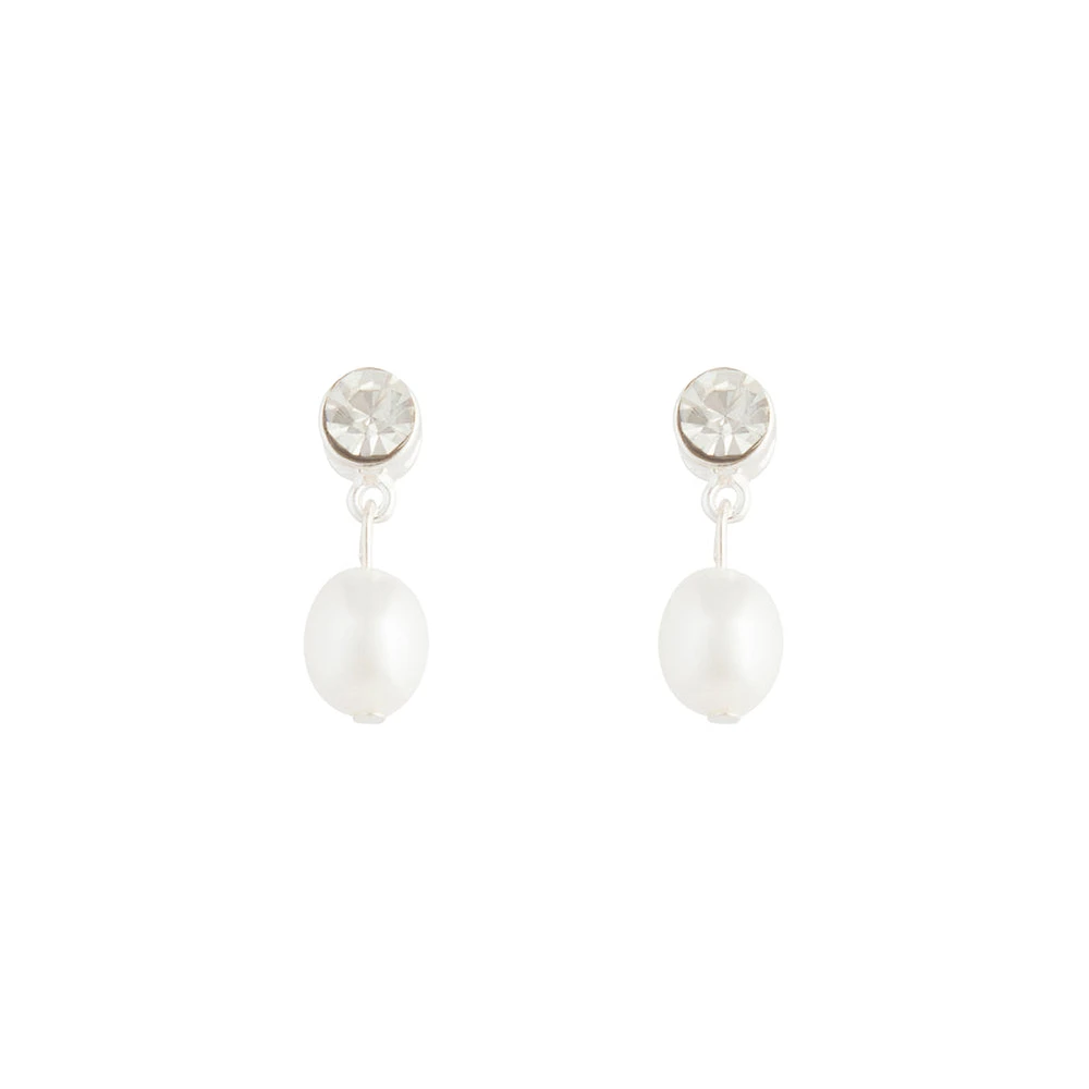 Rhodium Stone Pearl Drop Earrings