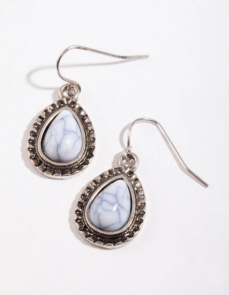 Antique Silver Etched Tear Simple Drop Earrings