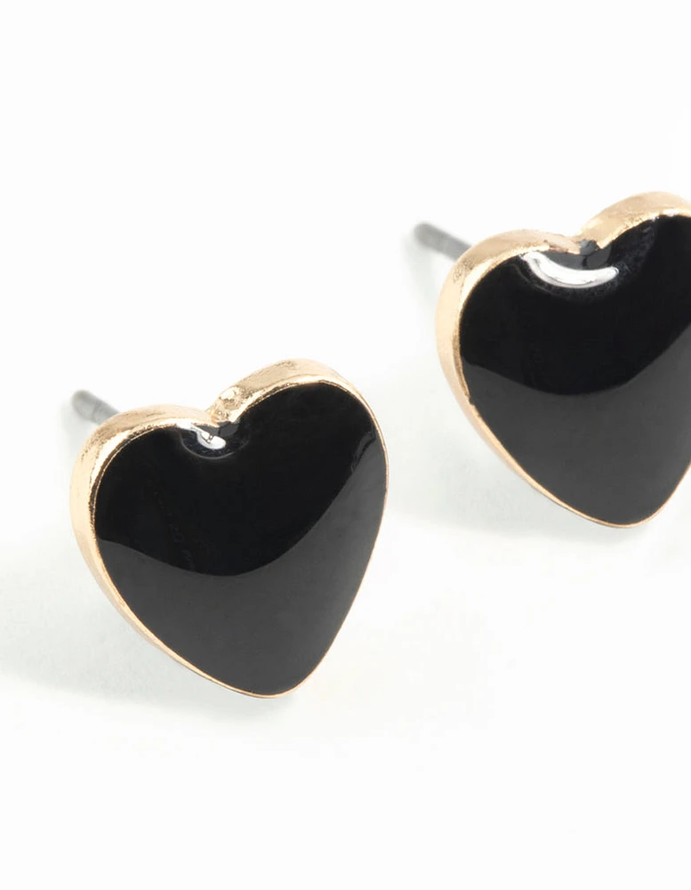 Gold Enamel Heart Stud Earrings