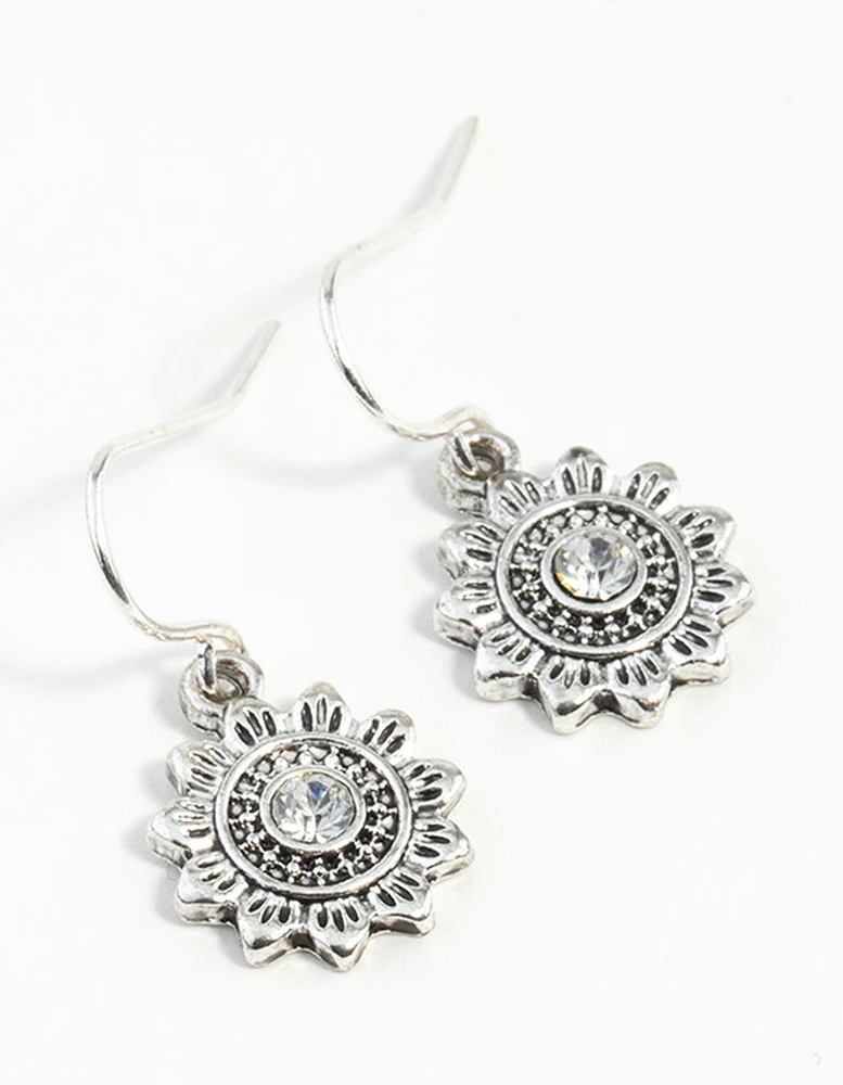 Antique Silver Sun Diamante Earrings