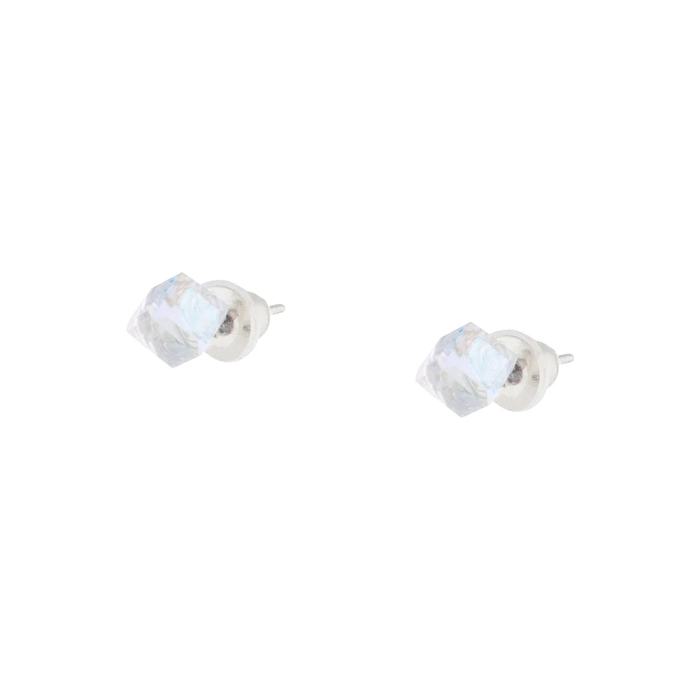 Clear Gem 3D Cube Stud Earrings